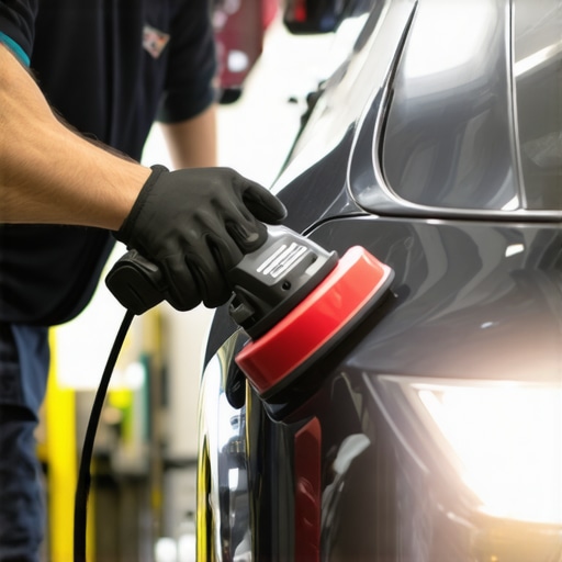 A detailer carefully polishing a car's paint to remove transfer stains in a well-lit workshop.