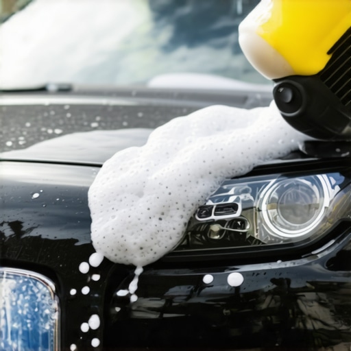 Car wash soap foam on a sleek car being applied in a professional manner