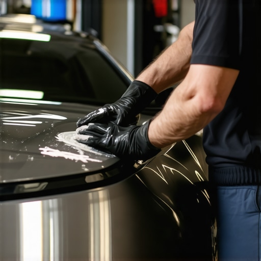A detailed shot of a technician decontaminating a car's paint with a clay bar.