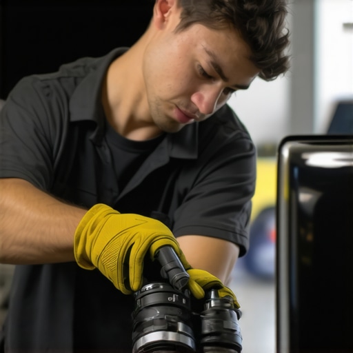  technician cleaning and inspecting a dual-action polisher in a well-equipped detailing shop