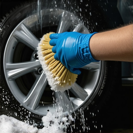 Person carefully cleaning a shiny, ceramic-coated wheel with a soft brush and microfiber towel.