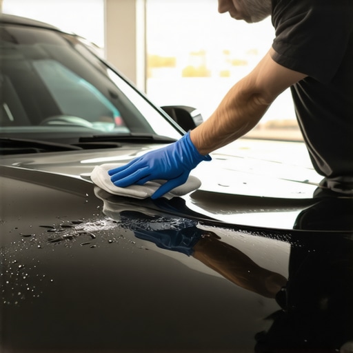 Proper ceramic coating application technique Detail of applying ceramic coating to a vehicle's hood with an applicator pad in a controlled environment.