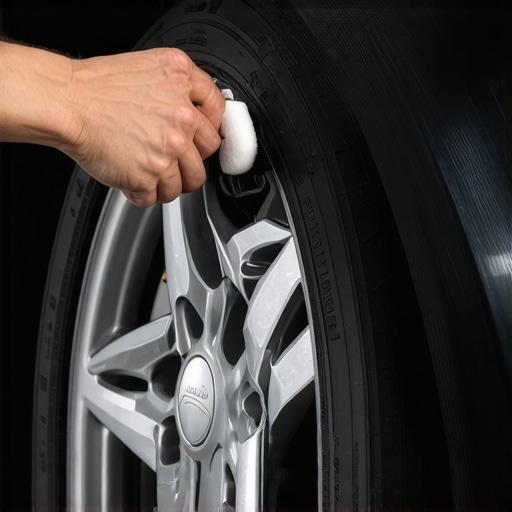 A detailed shot of a person evenly applying tire dressing with a foam applicator on a freshly cleaned tire.