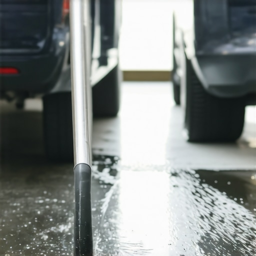 Technician cleaning a vehicle's undercarriage with pressure washer and brushes