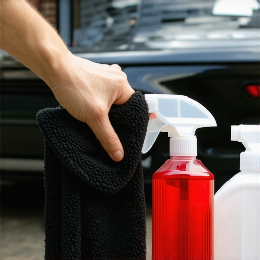 Close-up of microfiber cloth wiping a shiny black car during waterless wash process.