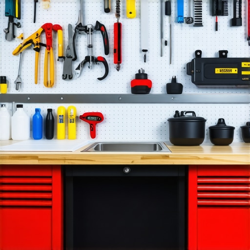 A well-organized professional mobile detailing workbench with tools and supplies