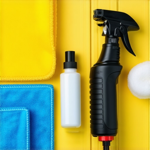 A collection of professional car detailing equipment arranged on a workbench, highlighting high-pressure foam cannons and cleaning supplies.