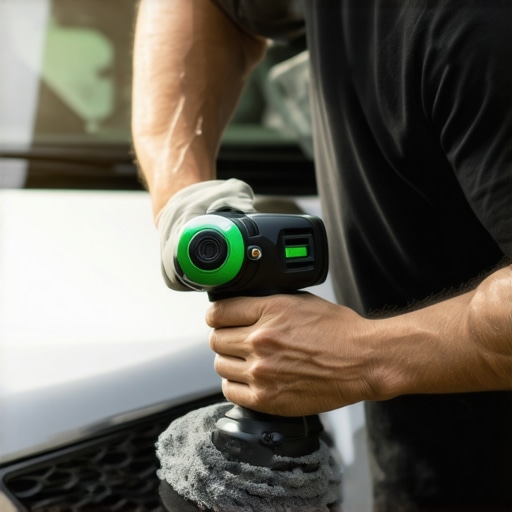 Detailer polishing car with modern cordless tool in eco-friendly setup