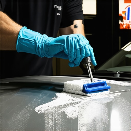 Hands applying ceramic coating to car paint with foam applicator in garage