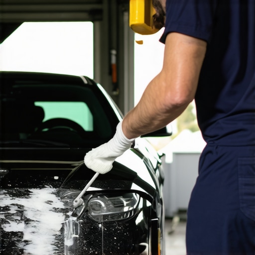 Technology professional applying ceramic coating to a car's surface with foam applicator.