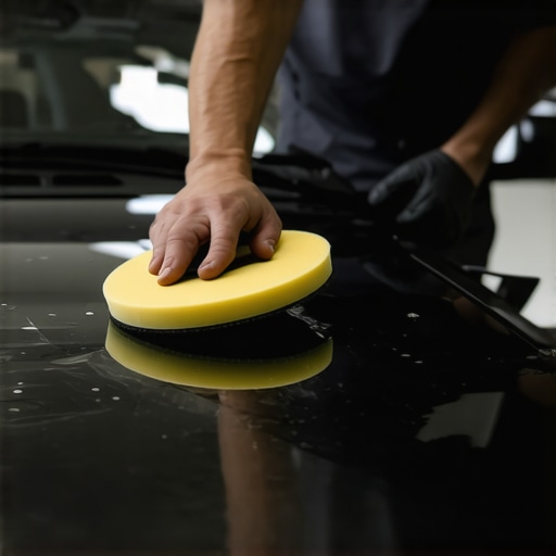 Close-up of a professional applying ceramic coating with an applicator pad on a shiny car surface.