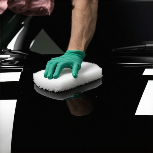 Person applying ceramic coating with foam applicator on a car's freshly cleaned hood, showing a high gloss mirror finish