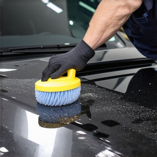 A professional detailing a car with a foam applicator applying ceramic coating on the hood.