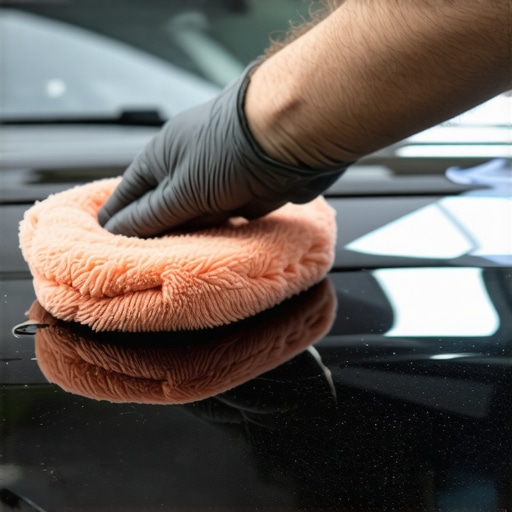 Person applying a ceramic coating with a microfiber applicator on a clean, shiny car surface.