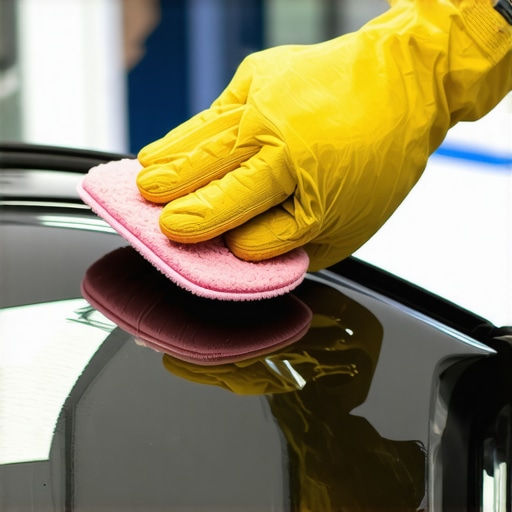 Detail of person applying ceramic coating with microfiber pad on car's hood, showing smooth and even layer