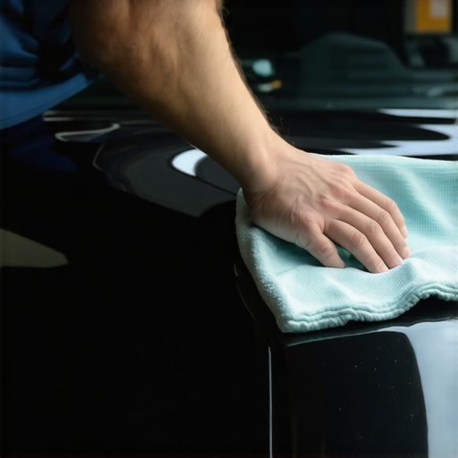 Person applying ceramic coating to car's hood with microfiber cloth to achieve high-gloss finish.