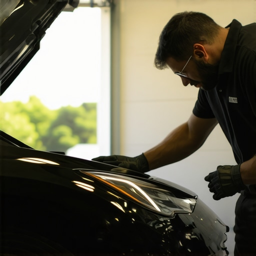 Technician applying ceramic coating to a sleek black car in a modern detailing shop.