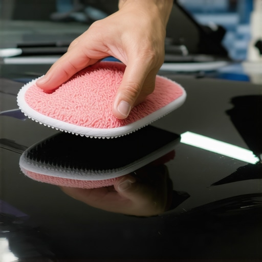 Person applying ceramic coating to a car's hood with a microfiber pad, showcasing a shiny, smooth surface.