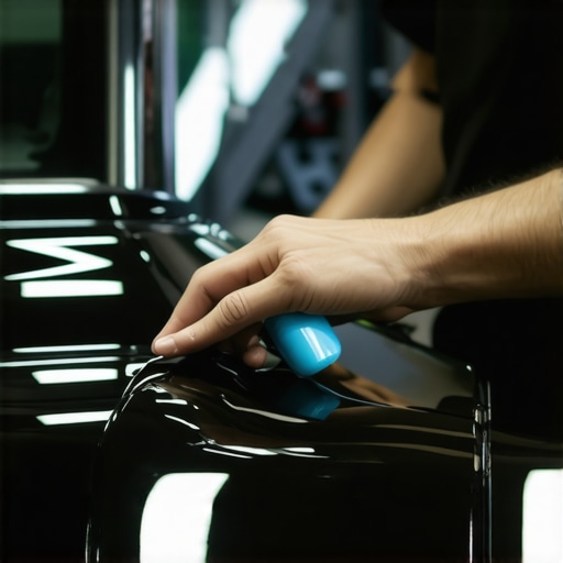 Hands applying ceramic coating to car surface with applicator in garage