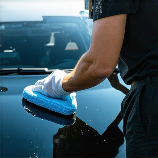 Person expertly applying ceramic coating to car's hood with microfiber applicator in sunlight.