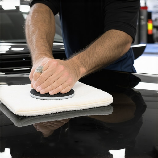 Professional detailer applying ceramic coating to a glossy car surface using a microfiber applicator.