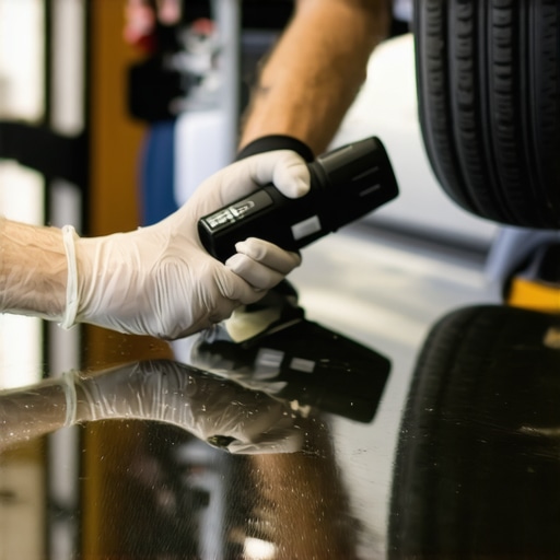 A technician carefully applying ceramic coating to a car's hood with a foam applicator, showcasing a flawless, glossy surface.