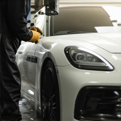 Professional detailer applying ceramic coating on a luxury car in a garage environment