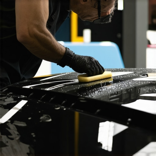 Professional detailer applying ceramic coating on a glossy car surface with a foam applicator