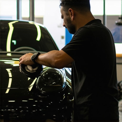 Car detailer applying ceramic coating with microfiber applicator in garage.