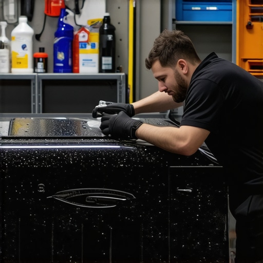 Applying Ceramic Coating for protection A detailer carefully applies ceramic coating to a car's hood using specialized applicator tools.