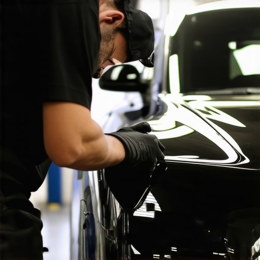 A professional detailer applying ceramic coating to a car's surface in a well-lit workshop.