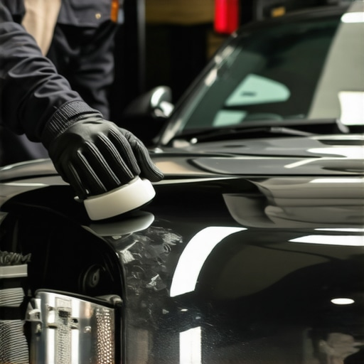 Person applying ceramic coating to a car with an applicator tool in a clean garage setting.