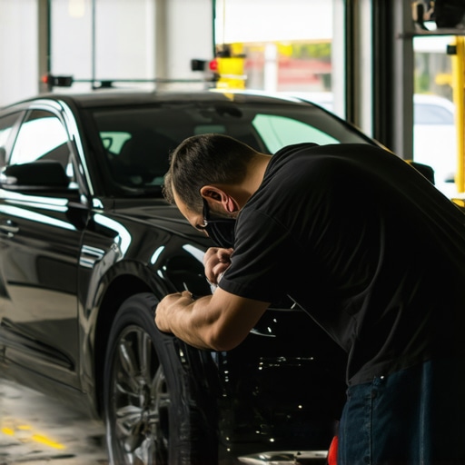 A detailer carefully applying ceramic coating to a car's surface using a microfiber applicator in a bright garage