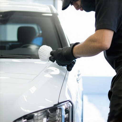 Detailer applying ceramic coating to a car with a microfiber applicator
