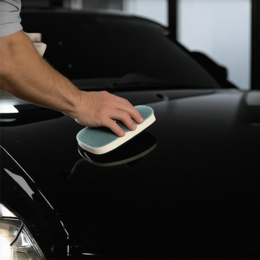 Person applying ceramic coating with an applicator pad on a shiny car surface.