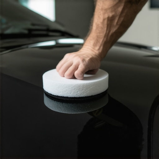 Hand applying ceramic coating with foam applicator on a shiny car hood.