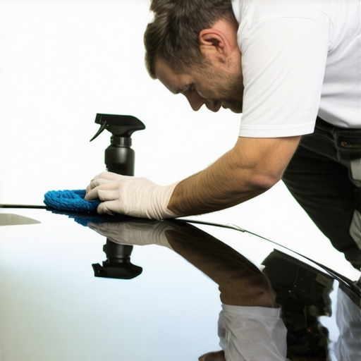Professional hand applying ceramic coating to a car's hood using a microfiber applicator.