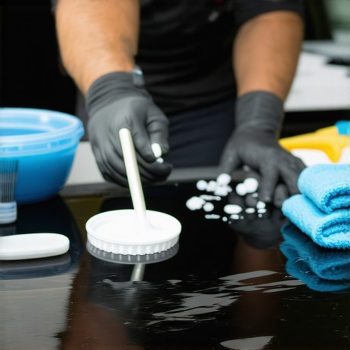 A detailer evenly spreading ceramic coating on a vehicle's surface using a foam applicator