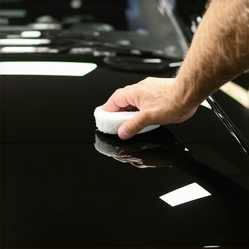 Applying Ceramic Coating with Foam Pad A detailed close-up of a person using a foam applicator to evenly spread ceramic coating on a car's hood to achieve a mirror-like finish.