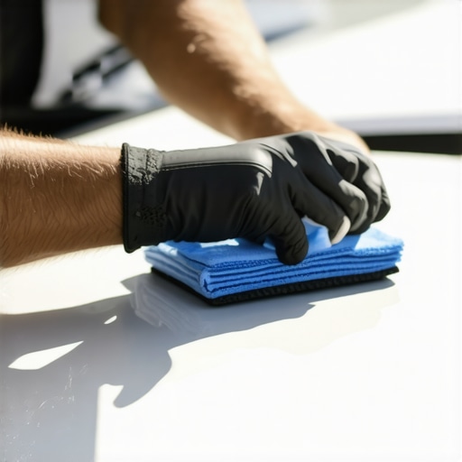 Person applying ceramic coating to a car surface using a microfiber applicator.