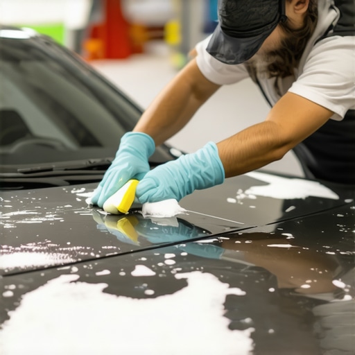A car detailer carefully applying ceramic coating using a foam applicator on a shiny car hood in a garage.