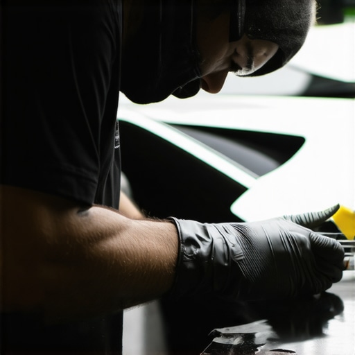 Close-up of a detailer evenly spreading ceramic coating on a car's surface using a foam applicator