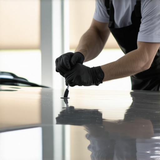 Detailer applying ceramic coating on car paint using precise applicator in a well-lit garage