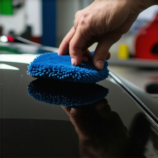 Person applying graphene coating with microfiber pad on car