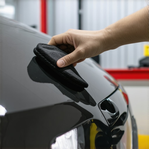 Technician applying ceramic coating with applicator pad on vehicle surface