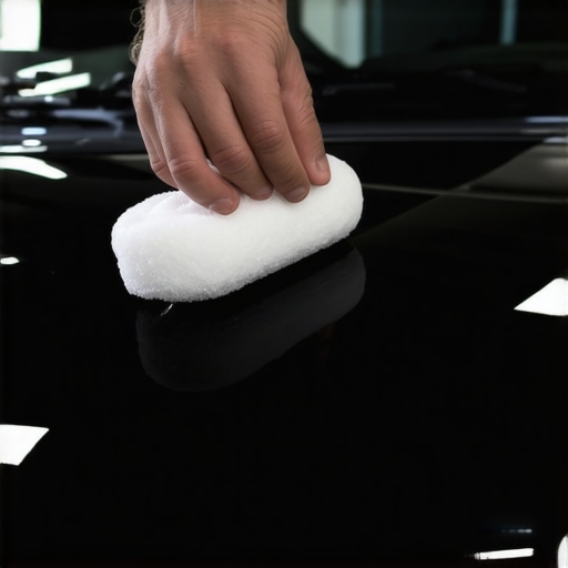 Person applying sap removal product to a car's surface with foam applicator, highlighting detailed smooth finish.