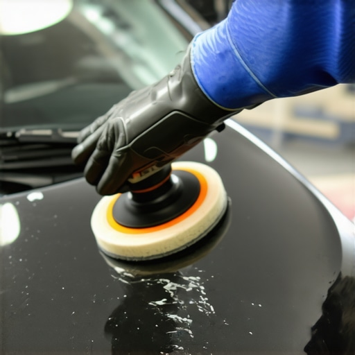 Close-up of person polishing a car's paint with a dual-action polisher.