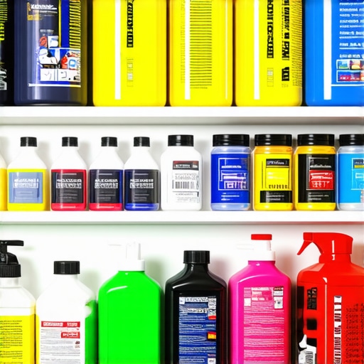 Shelves filled with car detailing products like waxes, polishes, and ceramic coatings in a professional store.