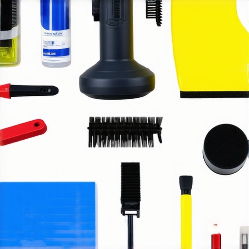 A collection of high-quality automotive detailing supplies and equipment arranged neatly in a workshop.