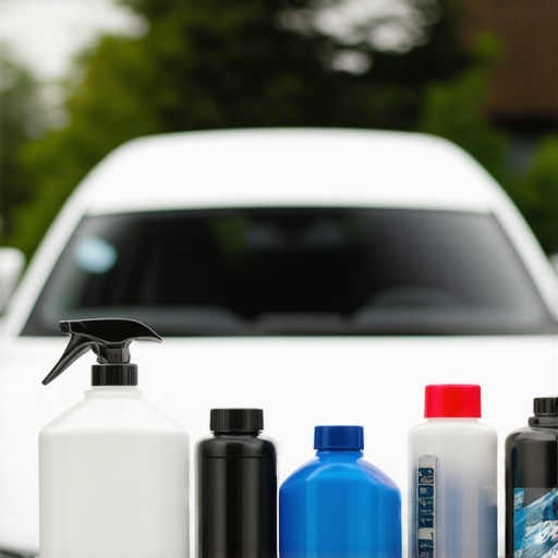 A detailed shot of car polishing tools and ceramic coating bottles next to a white vehicle during auto detailing